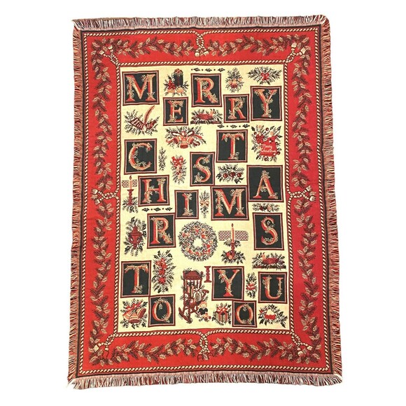 Christmas Tapestry Throw Blanket Goodwin Weavers 70x47 Fringe Red Green USA Made - Picture 1 of 16